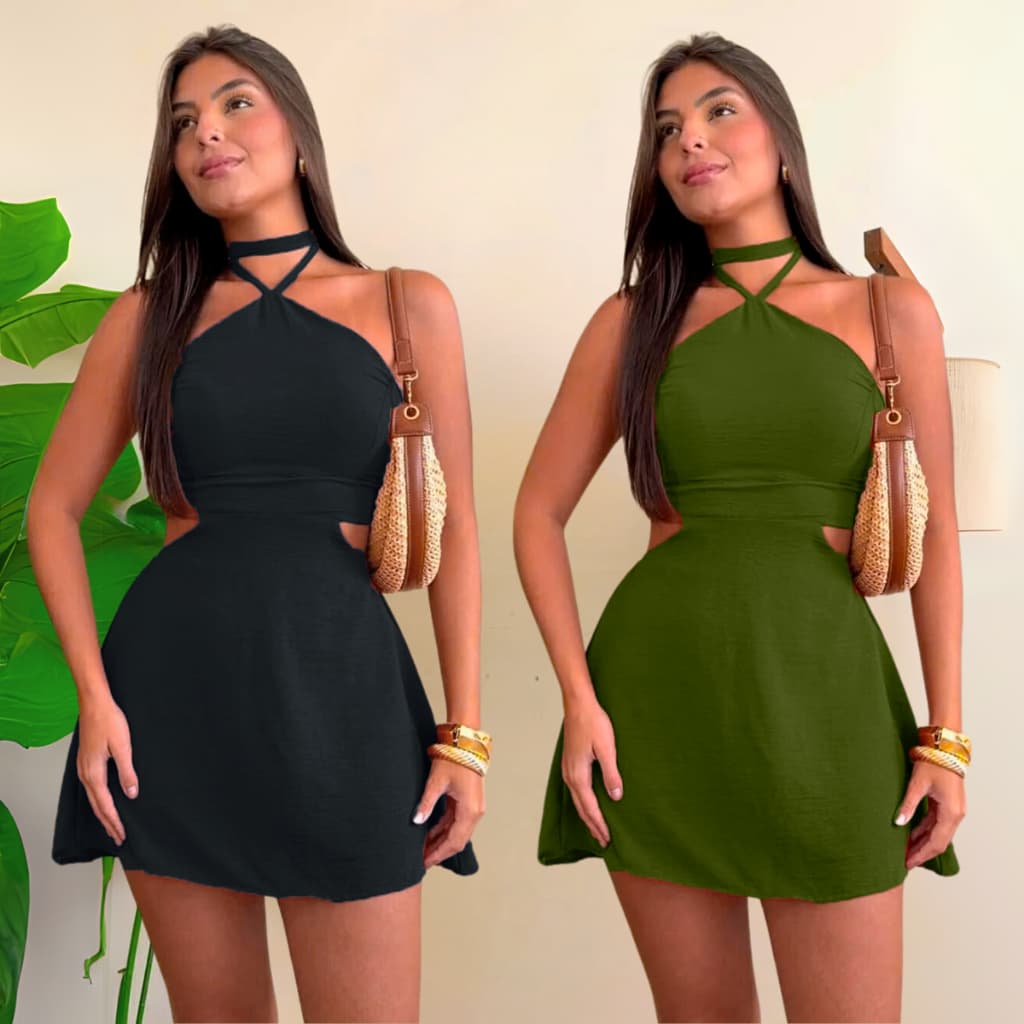 Vestido Feminino com Short e Bojo - Elegante, Recortes Laterais, Gola Alta e Amarração | Shopee Brasil