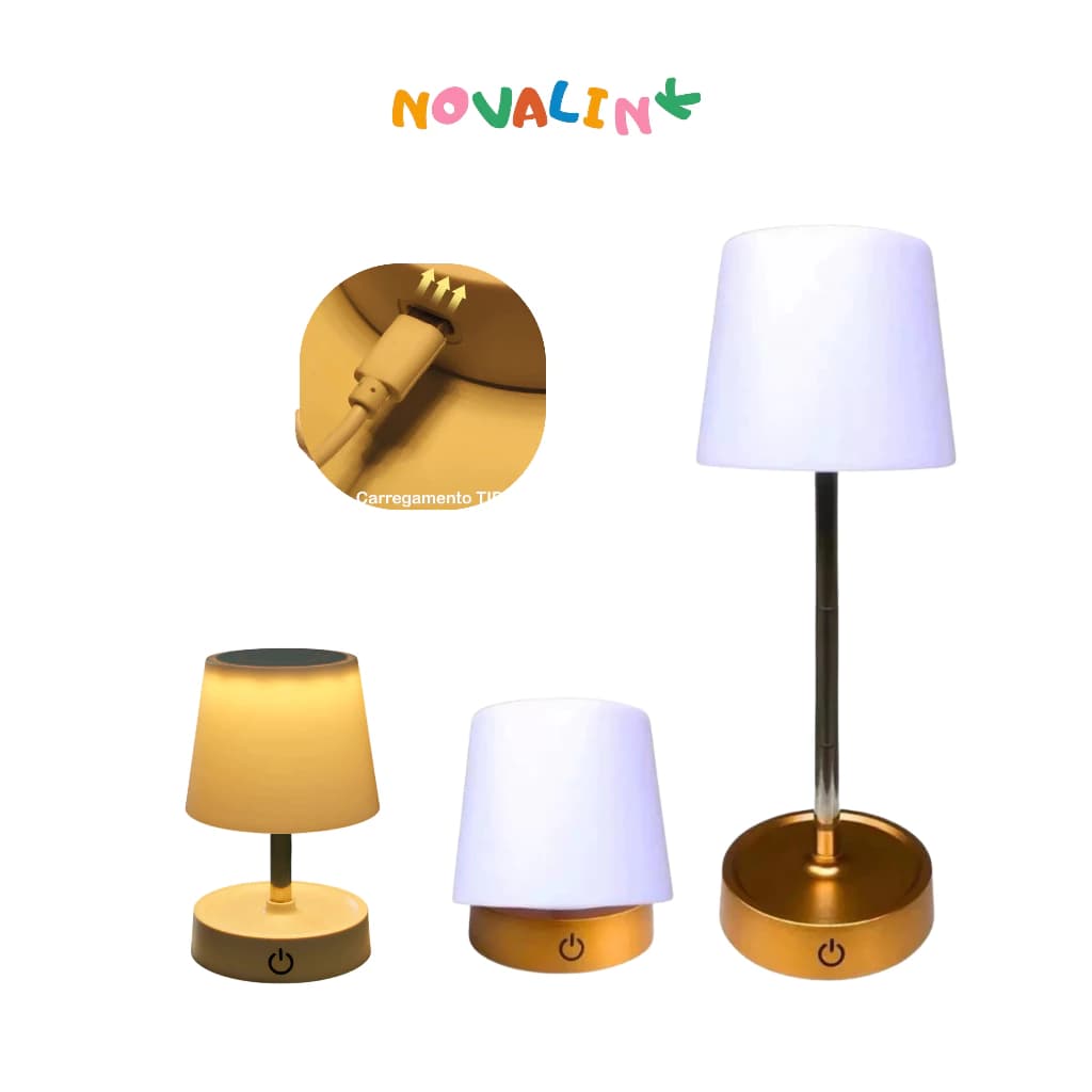 Abajur Recarregável Touch Luminária Retrátil em Aço com Luz de Led Branco Quente Ajustável-USB