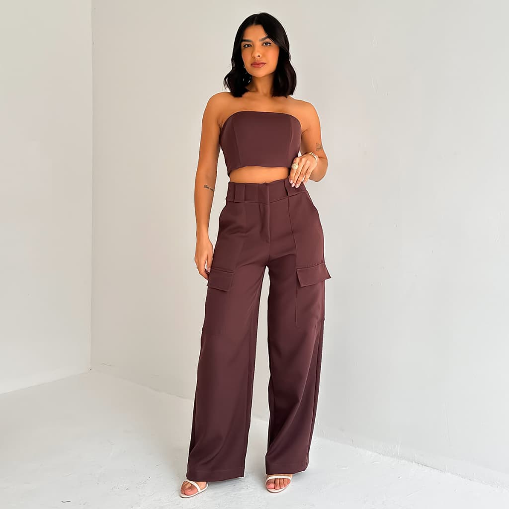 Conjunto Alfaiataria Calça Cargo com Bolso Lateral e Top sem Alça da Lunii Coleção Outono Inverno | Shopee Brasil
