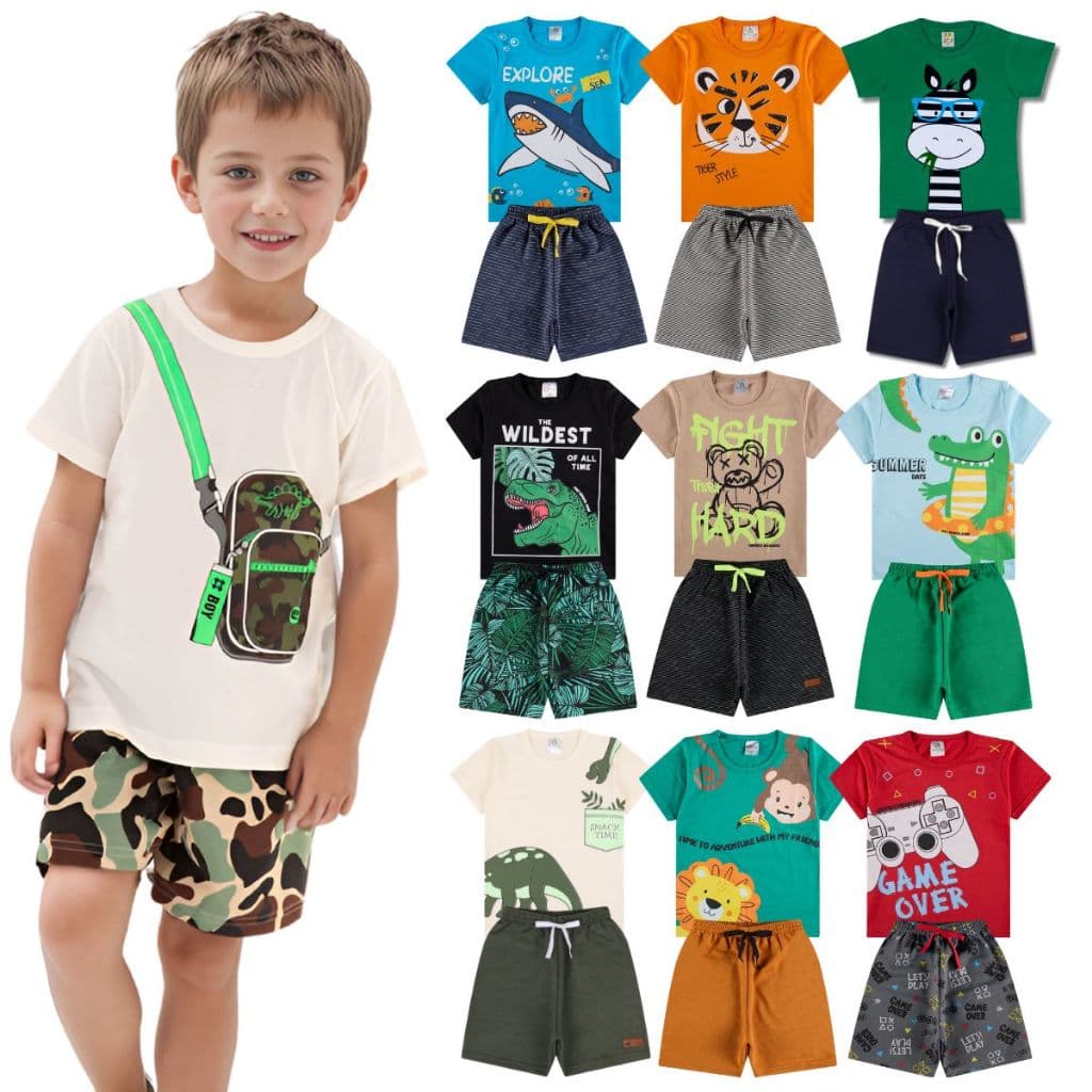 Kit Sortido 2 ou 8 Peças de Roupas Infantil Menino- 4 Camisetas + 4 Bermudas - Kit 4 Conjuntos de Roupa Verão Masculino | Shopee Brasil
