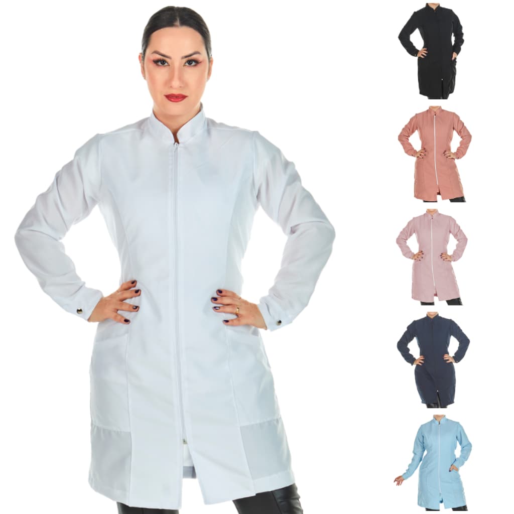 Jaleco Feminino Acinturado Oxford Manga Longa Com Zíper Gola Padre Várias Cores Estética Enfermagem | Shopee Brasil