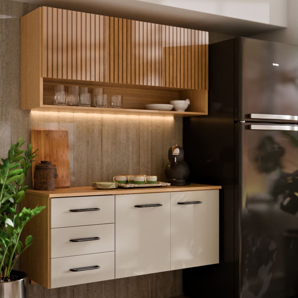 Armário de Cozinha Eliza com Balcão Aéreo 3 Gavetas Telescópicas Ripado 3D MDF MDP Moderno Compacto | Shopee Brasil