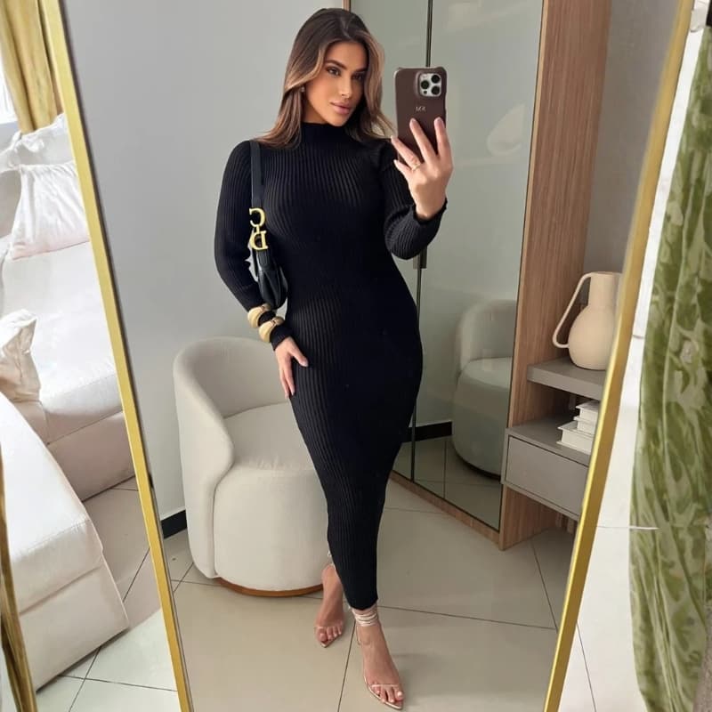 Vestido com manga anastacia canelado fio modal premium outono e inverno | Shopee Brasil