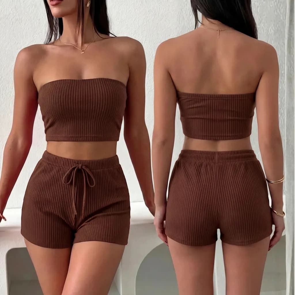 Conjunto Femenino Cropped e Short Conjunto Feminino Verão Canelado Top e Shorts Feninino Duas Peças Tamanho 36 ao 58 | Shopee Brasil