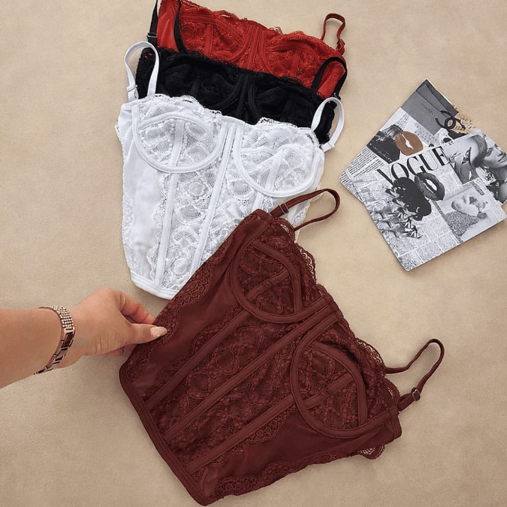 Cropped Corset Feminino com Renda Corselet Alça Regulagem Moda Gringa Bloguerinha Tendência | Shopee Brasil