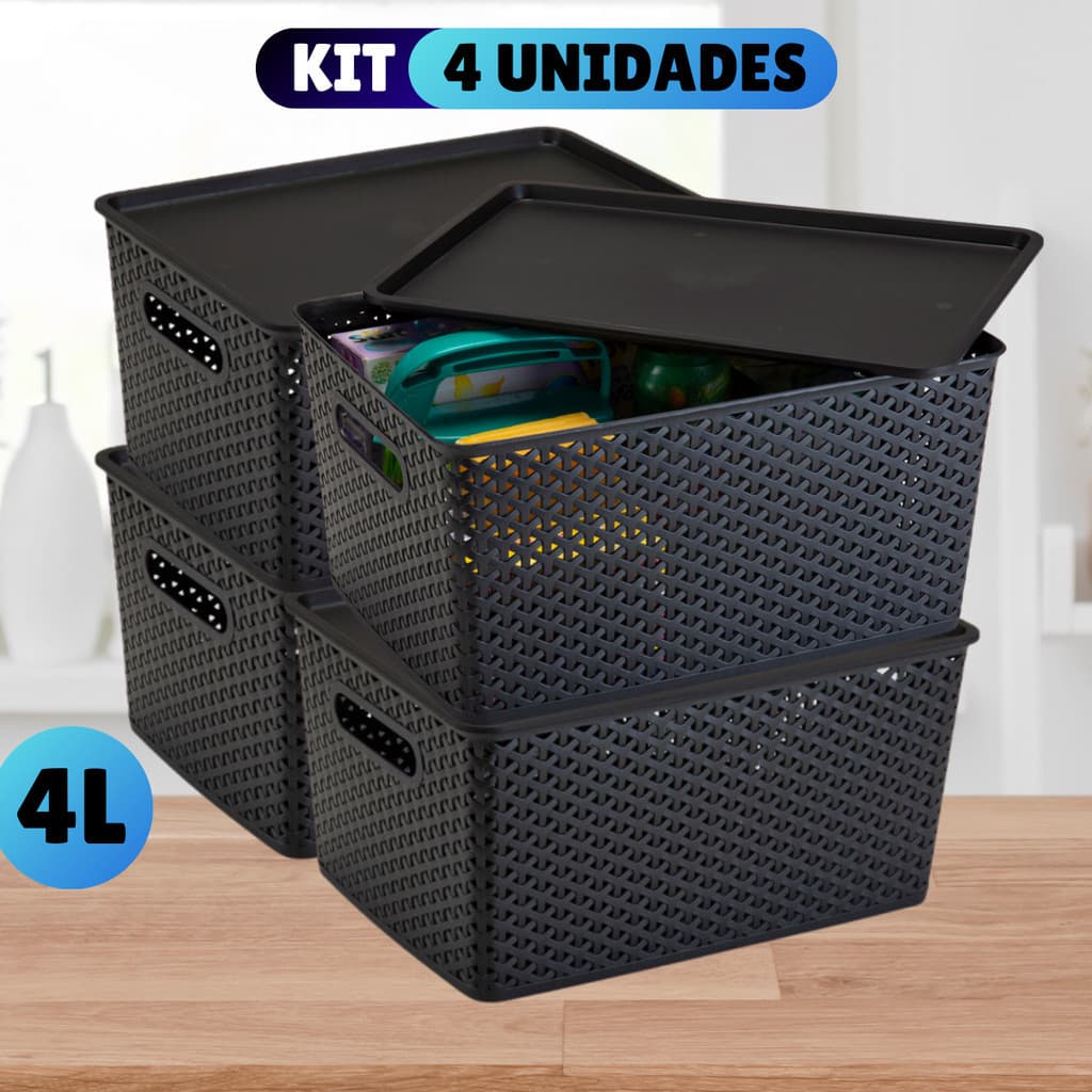 Kit Com 4 Cesto Caixa Organizadora Rattan Com Tampa  4 Litros Preto | Shopee Brasil