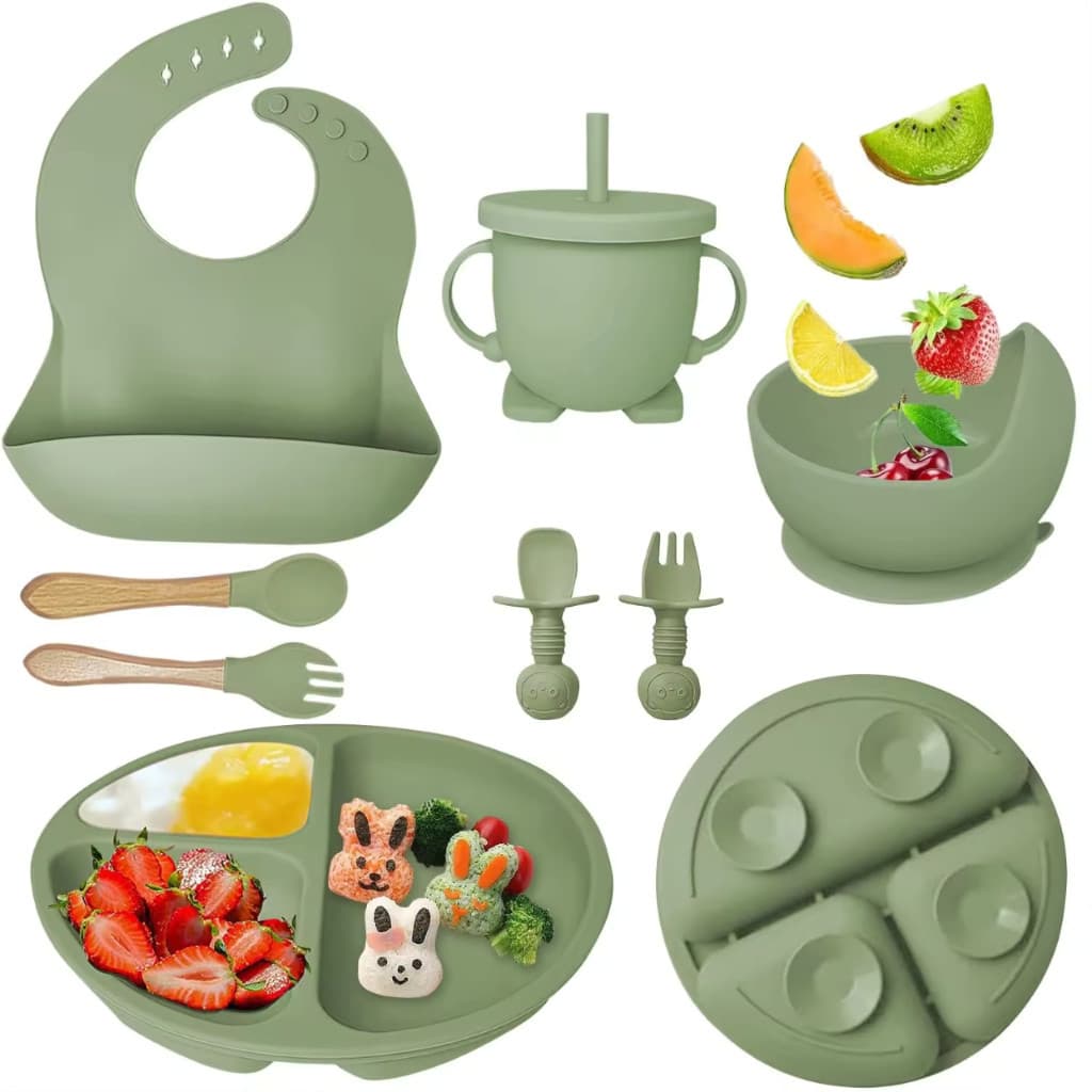 Kit 8pçs Talheres de Silicone p/ Bebê c/ Ventosa, Colher, Garfo, Canudo e Babador Infantil | Shopee Brasil