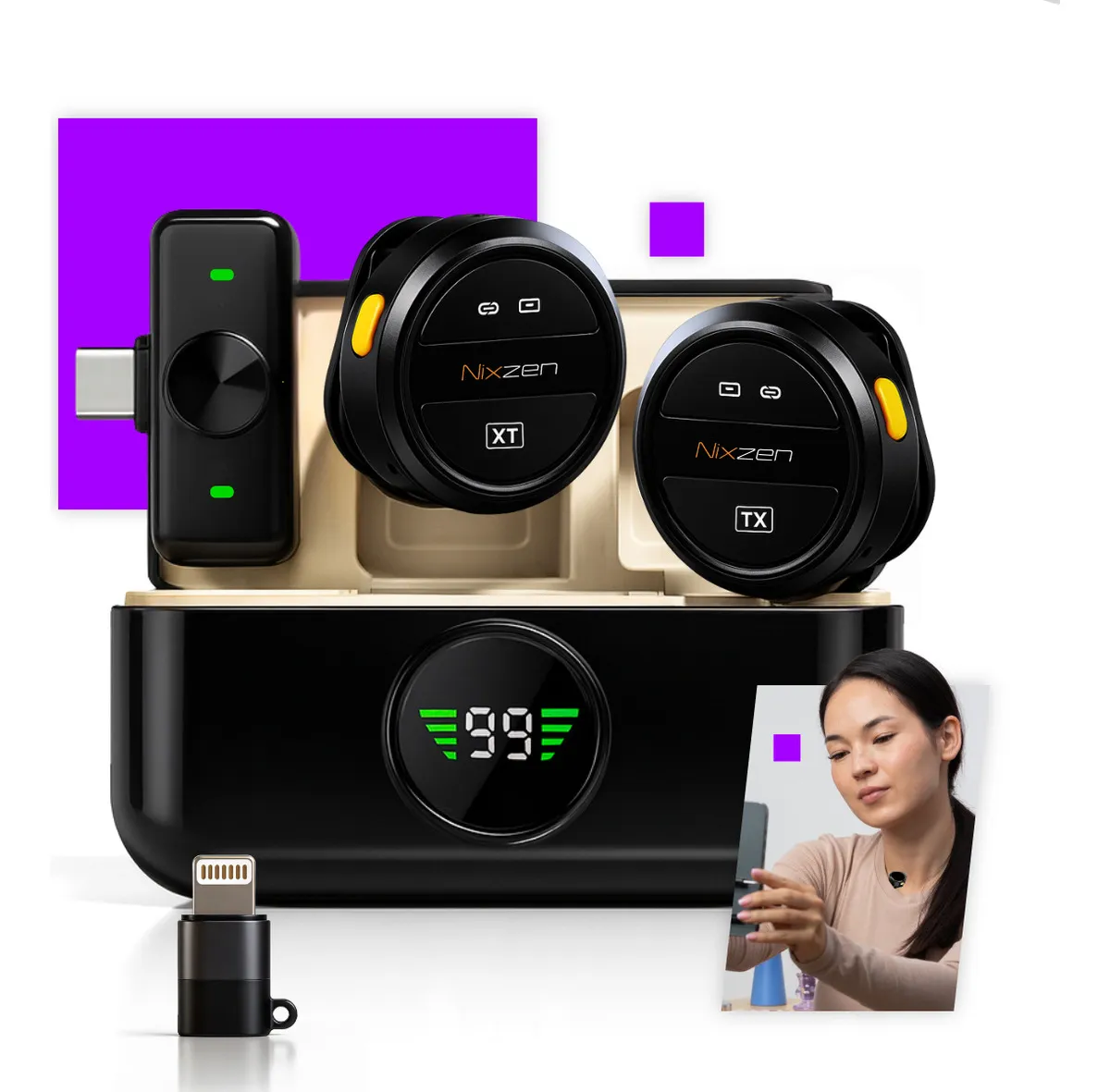 Microfone Lapela Redondo Sem Fio Duplo Anti Ruído Tipo C P/ iPhone 8 ao 17 E Android Com Caixinha Para Carregamento Cor Preto Nixzen