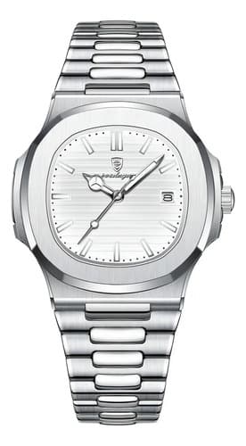 Relógio Luminoso Clássico Poedagar Com Calendário De Aço Ino Fundo Branco