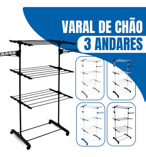 Varal De Chão Varal De Roupas 3 Andares Dobrável Grande C/ 4 Rodas Cor Preto/preto