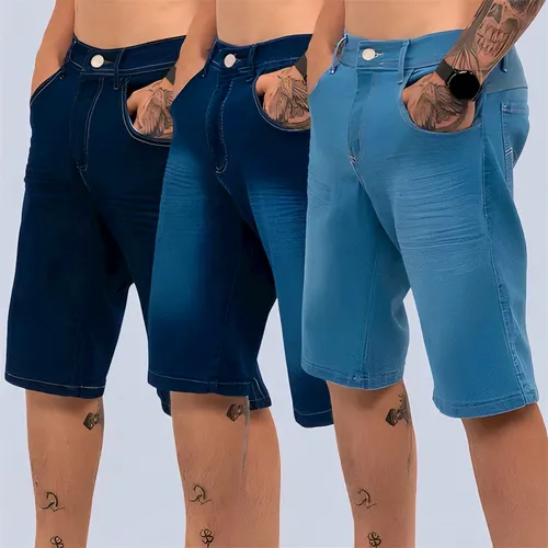 Kit 3 Bermudas Jeans Masculina Lycra Elastano