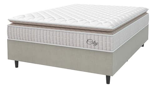 Cama Box Colchão Casal Molas Ensacadas City Pillow Top 138x188x61cm Branco e Bege Hellen
