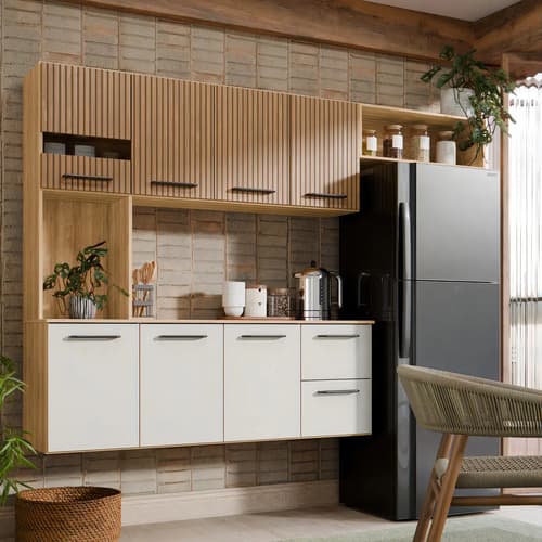 Armário de Cozinha Completo 180cm com Aéreo 7 Portas e Gavetas com Nichos Moderna Planejada Suspenso Branco Off White Ripado Carvalho Nature
