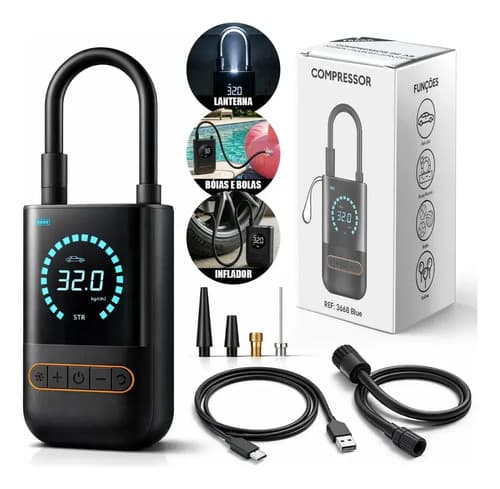 Compressor De Ar Digital Mini 12v Portátil Com Lanterna Led Para Moto Carro Bike Ciclismo E Enchimento De Pneus
