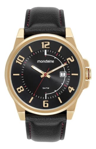 Relógio Masculino Mondaine Couro Preto Social Com Calendário Dourado