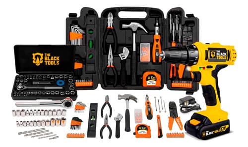 Jogo De Ferramentas 169 Peças Com Maleta E Furadeira Parafusadeira Sem Fio A Bateria Tb-12e 12v 3/8 10mm The Black Tools