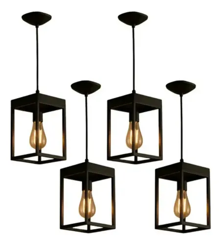 4 Pendente Lustre Luminaria Teto Industrial De Madeira Preto