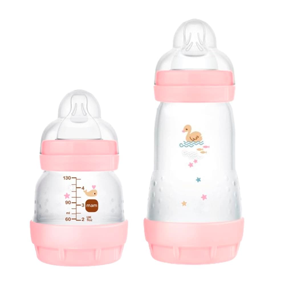 MAM Baby Kit 2 Mamadeiras Easy Start Starter Set Anticólica e Menos Bolhas de Ar, para Crianças 0+ Meses Autoesterilizável e com Bico de Silicone Skinsoft, Rosa