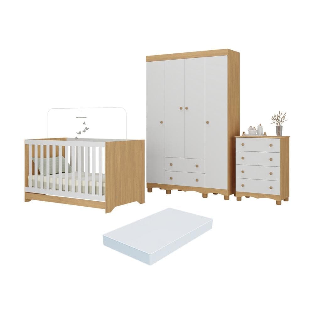 Quarto de Bebê Completo Berço Americano 3 em 1 Colchão Dengo Multimóveis Mp4604 Madeirado/branco