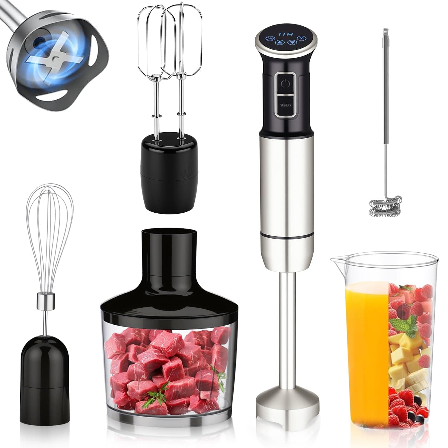 6 em 1 mixer de mão, 1000W, 8 velocidades, Exibição digital LCD, Vem com um copo de 860 ml, Triturador de 500 ml, Batedor de aço inoxidável com 4 pás, Adequado para sopas, smoothies e purés(127V)