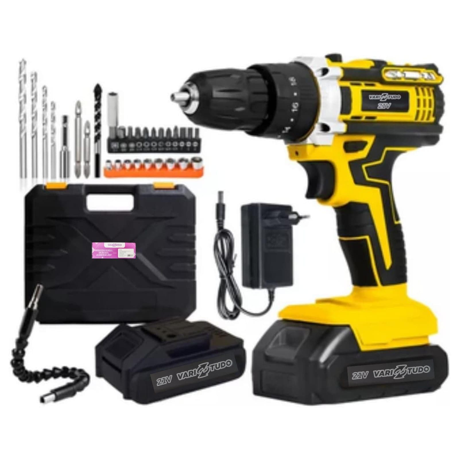 Furadeira e Parafusadeira de Impacto Sem Fio 21V com LED, 2 Baterias Recarregáveis Bivolt e 32 Acessórios - Maleta Completa para Uso Profissional e Doméstico