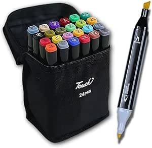 Kit de 24 Canetas Marcador Permanente Ponta Dupla Touch Coloridas para Desenho Profissional Escolar Infantil com Estojo Organizador Base Artista Canetinhas Hidrográficas Alcool Caneta para Colorir