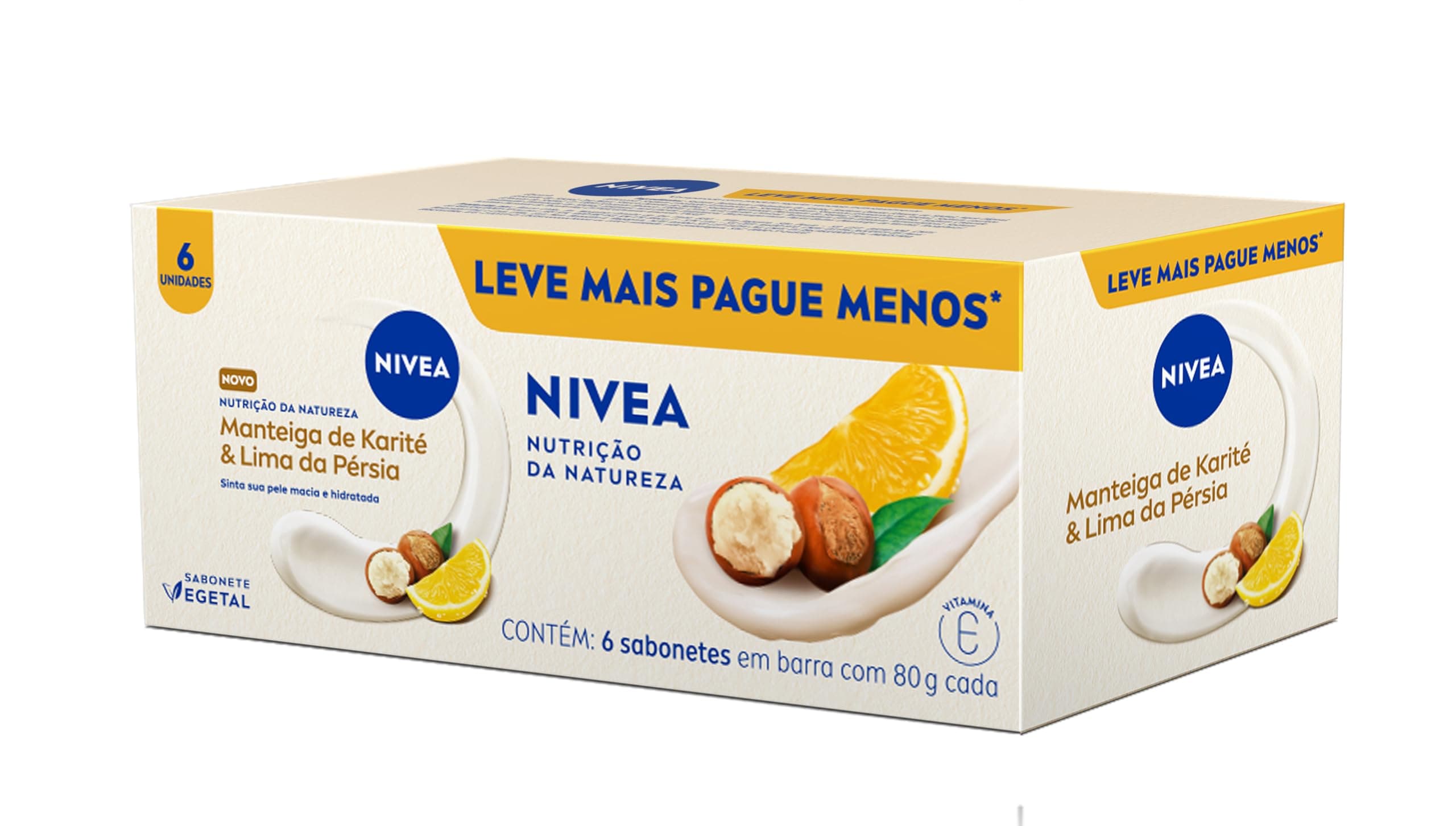 NIVEA Sabonete Vegetal Nutrição Da Natureza Manteiga De Karité & Lima Da Pérsia 80g (6 un.), Limpeza Delicada, Banho, Pele Macia e Hidratada, Fórmula Natural