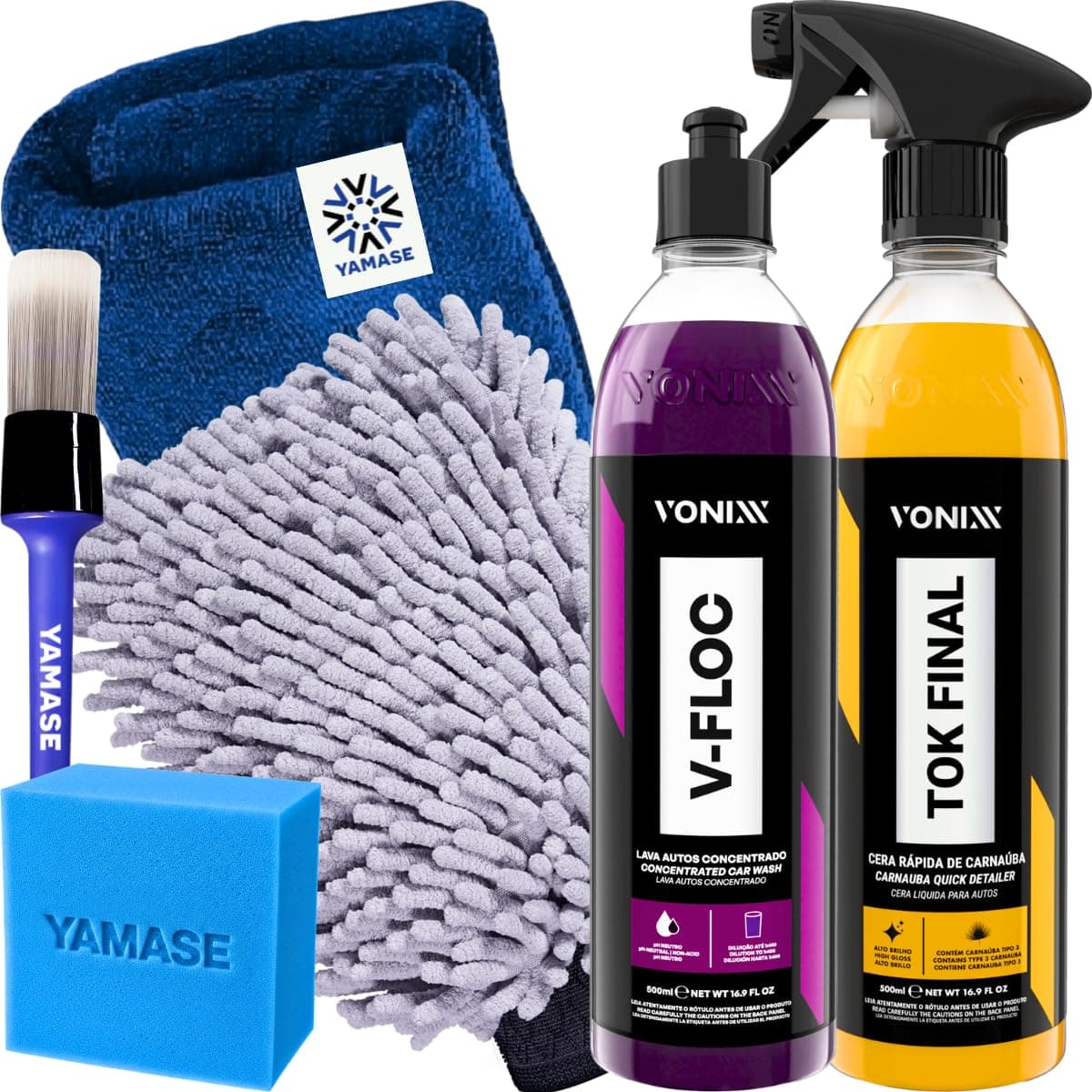 Kit V-Floc Shampoo Neutro Super Concentrado Automotivo + Cera Liquida Protetora Tok Final Vonixx Luva Pano Microfibra
