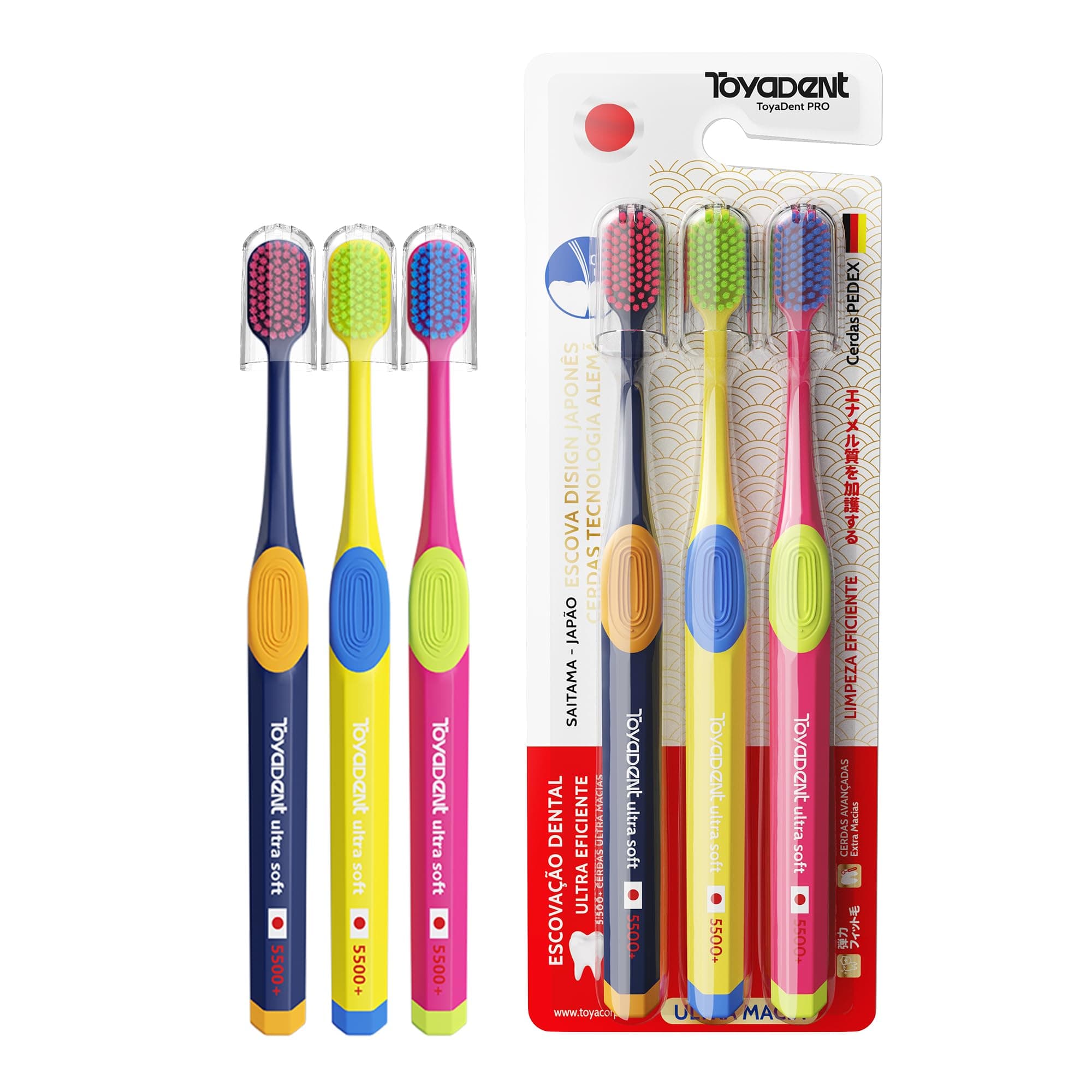 TOYADENT PRO Escova de Dente Macia Premium Alemãs da Pedex, Adulto, Cerdas Extra, 5500 Cerdas, 3 Unidades Multicolorida