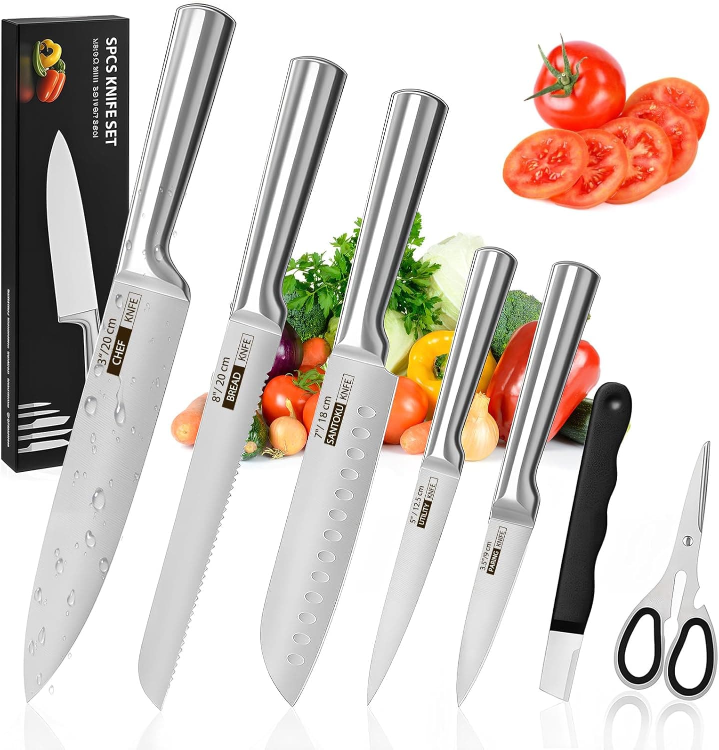 Conjunto de 7 Facas Profissionais em Aço Inoxidável 3CR13, Durável Antiferrugem e Anticorrosão, Garantia de 10 Anos,Ultra Afiadas e Precisão Suíça, V-Sharp 15° Lâminas Inteiriças Conjunto de Cozinha