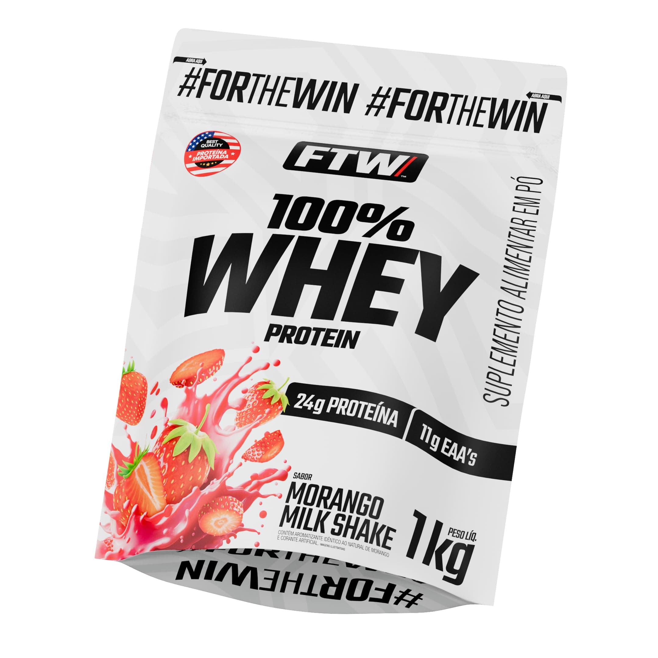 FTW 100% Whey Protein com Proteína Concentrada WPC, para Atletas com Alto Valor Biológico, Suplemento Pós-Treino Sem Glúten - Refil 1kg (Sabor Morango Milk Shake)