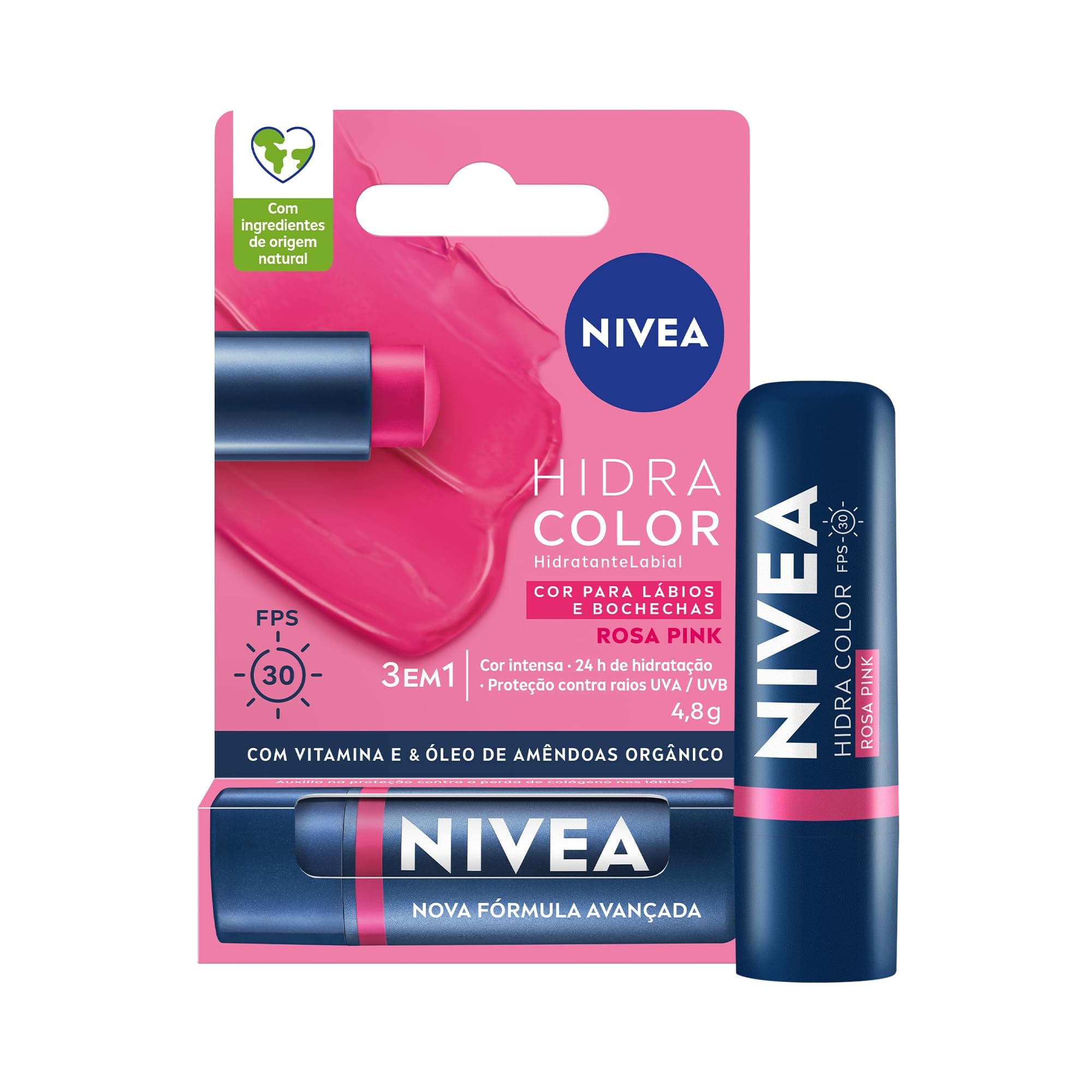 NIVEA Hidratante Labial Hidra Color 2 em 1 Rosa Pink 4,8g - Combina cor intensa e hidratação enriquecida com Manteiga de Karité, Óleo de Amêndoas orgânico e Vitamina E