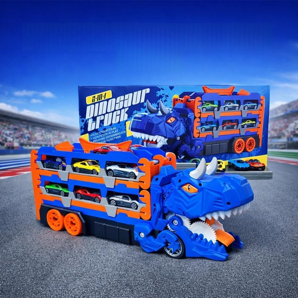 Caminhão Dinossauro 3 em 1 com Pista Dupla Dinossauro Brinquedo que Engole Carrinhos e Vira Pista de Corrida, Acompanha 4 Carrinhos de Metal, Ideal para Aniversário, Natal e Dia das Crianças