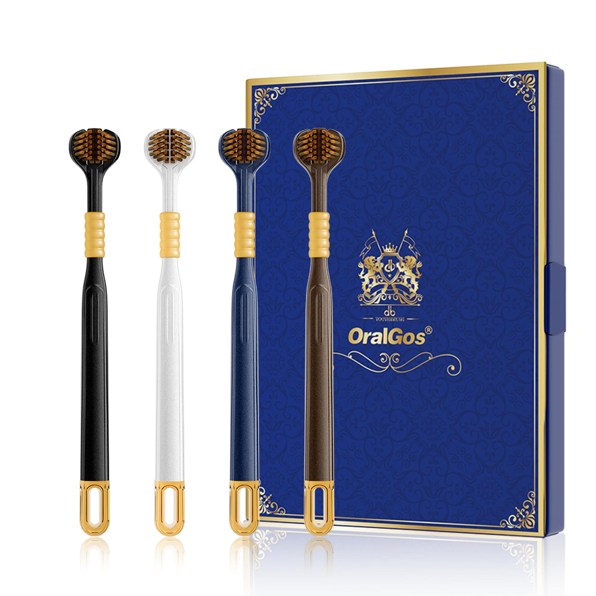 OralGos Escova de Dente Extra Macia 4 Unidades – Limpeza em Três Faces, Eficiente e Completa, Adulto, Multi-cores, Portátil, Ideal para Gengivas Sensíveis, Design Inovador, Uso em Família, Viagem ou Presente