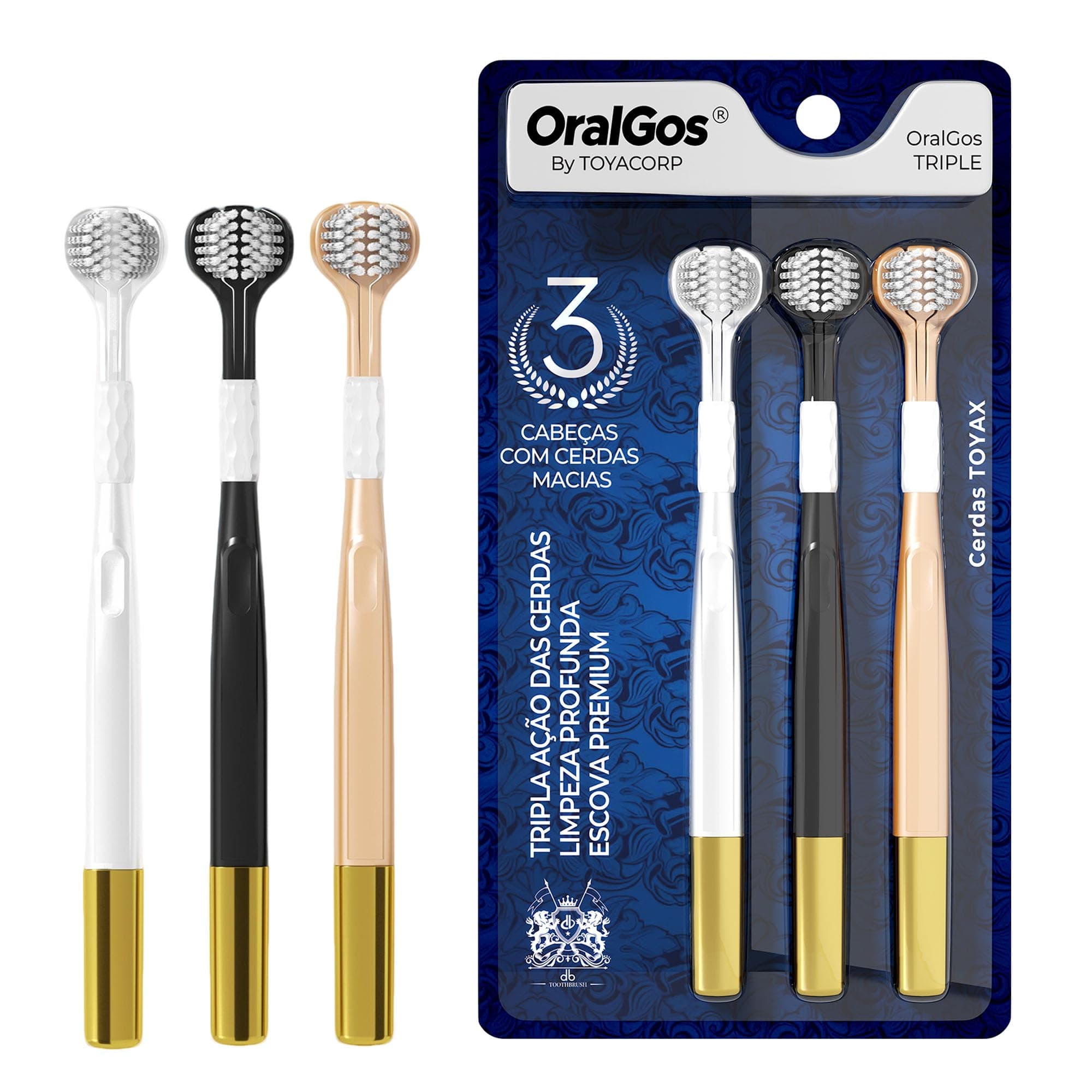 OralGos Escova de Dente 3 Faces Ultra Macia, para Gengivas Sensíveis, 3 Unidades, Adulto, Multi-Cores, Prática para Viagem, Inovadora e Funcional