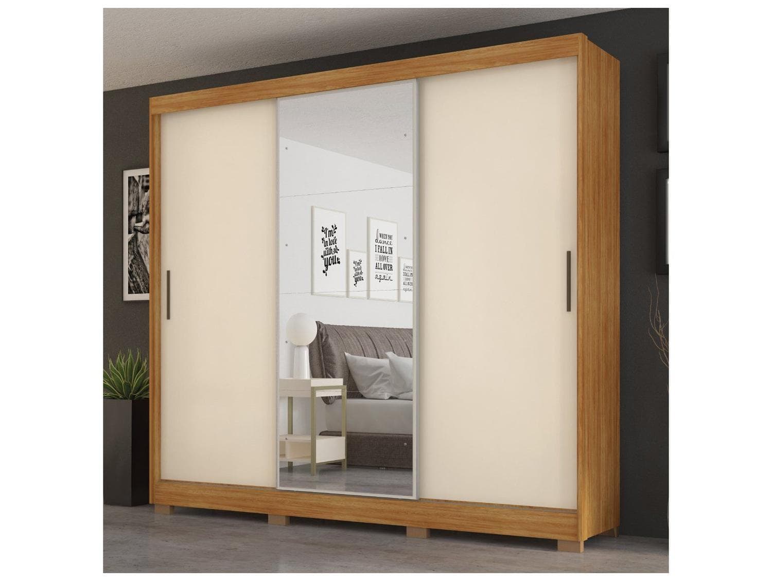 Guarda-roupa Casal com Espelho 6 Gavetas 3 Portas de Correr Demobile