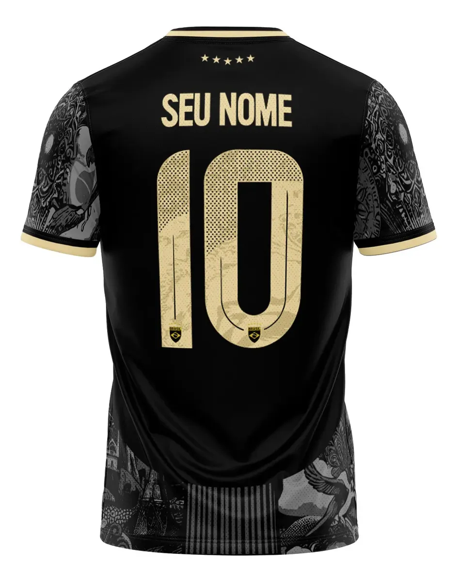 Camisa Brasil Preta Lançamento Futebol Personalizada Nome