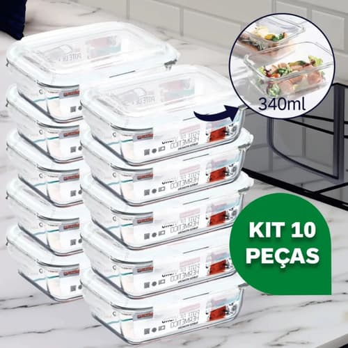 Kit 10 Potes Vidro Hermético 370ml Retangular 4 Travas Marmita Premium Homix