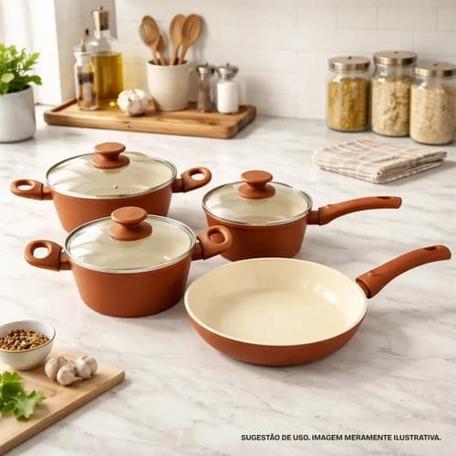 Jogo Panelas 4 Peças De Indução Cerâmica Antiaderente Terracota - Jhamba