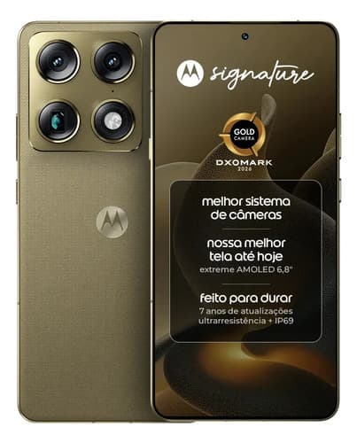 Smartphone Motorola Signature 5g - 512gb 24gb (12gb Ram + 12gb Ram Boost), 3 Cameras 50mp Sony Lytia E Zoom 100x, Tela 1.5k Extreme Amoled 165hz - Verde Oliva