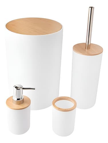 Kit Banheiro Lixeira Porta Escova 4 Peças Tampa Bambu Cor Branco Redondo