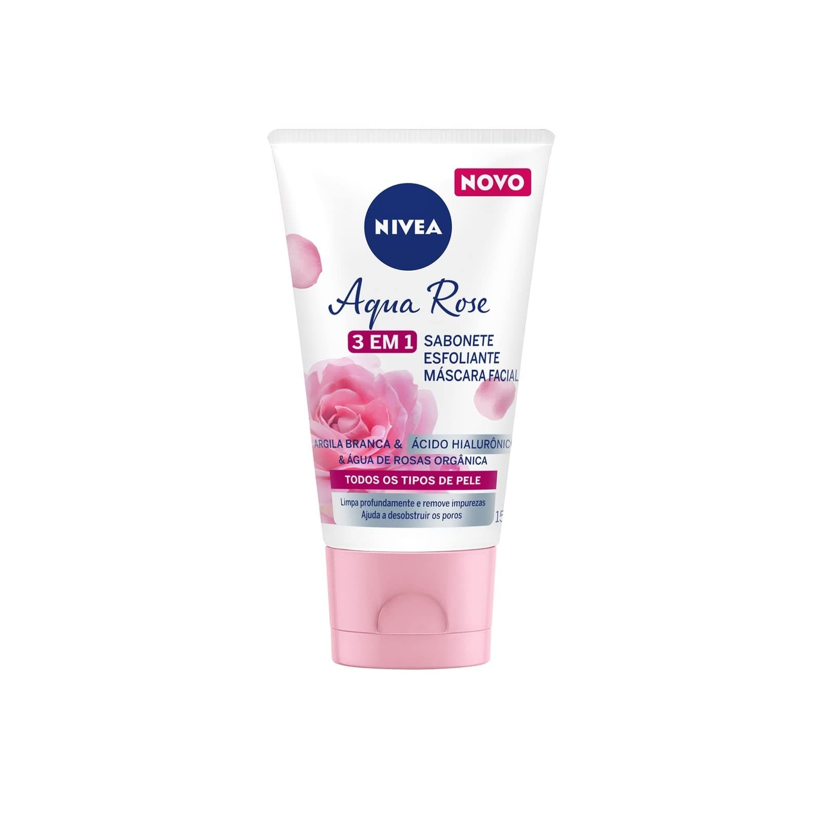 NIVEA Aqua Rose 3 em 1 150ml - Sabonete, Esfoliante e Máscara Facial - Com argila branca, ácido hialurônico e água de rosas orgânica, o sabonete tem benefícios antioxidantes e hidratantes