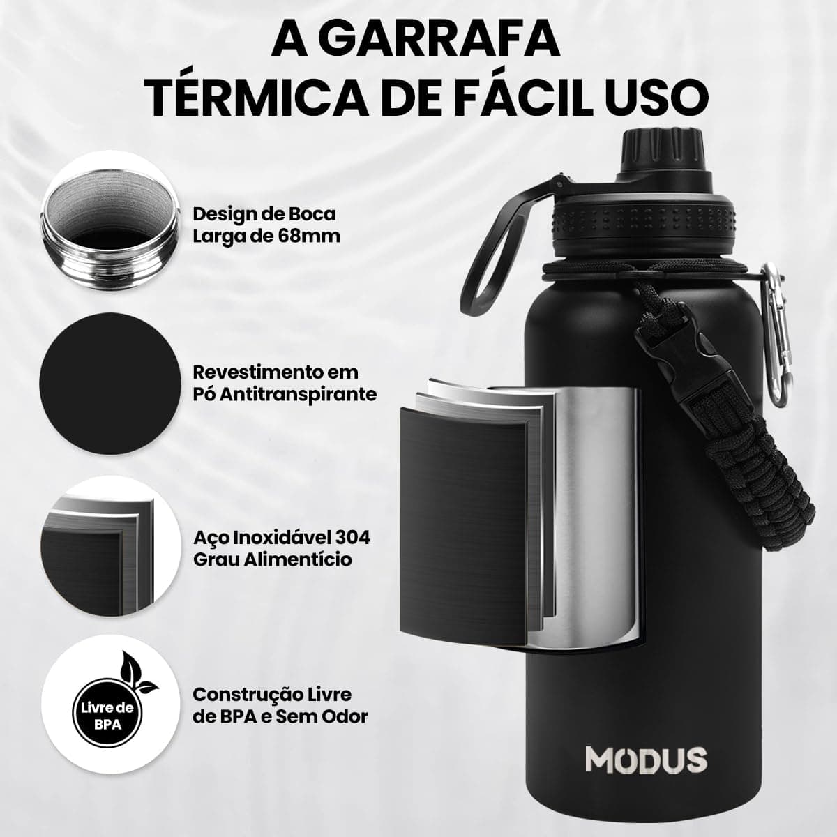MODUS Garrafa Térmica Esportiva De Aço Inoxidável Com Isolamento A Vácuo De 1000ML (Preto)